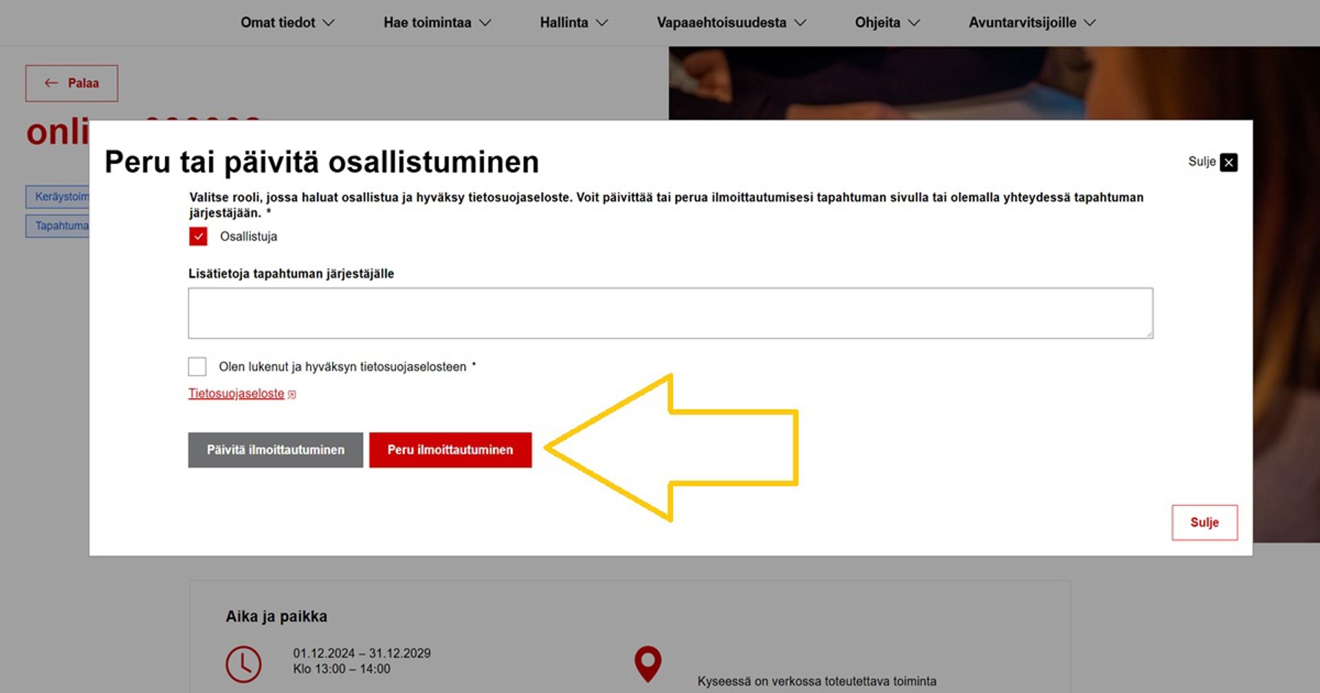 Kuvakaappaus Oma-järjestelmästä. Nuoli näyttää, mitä tulee klikata peruakseen ilmoittautumisen tapahtumaan.