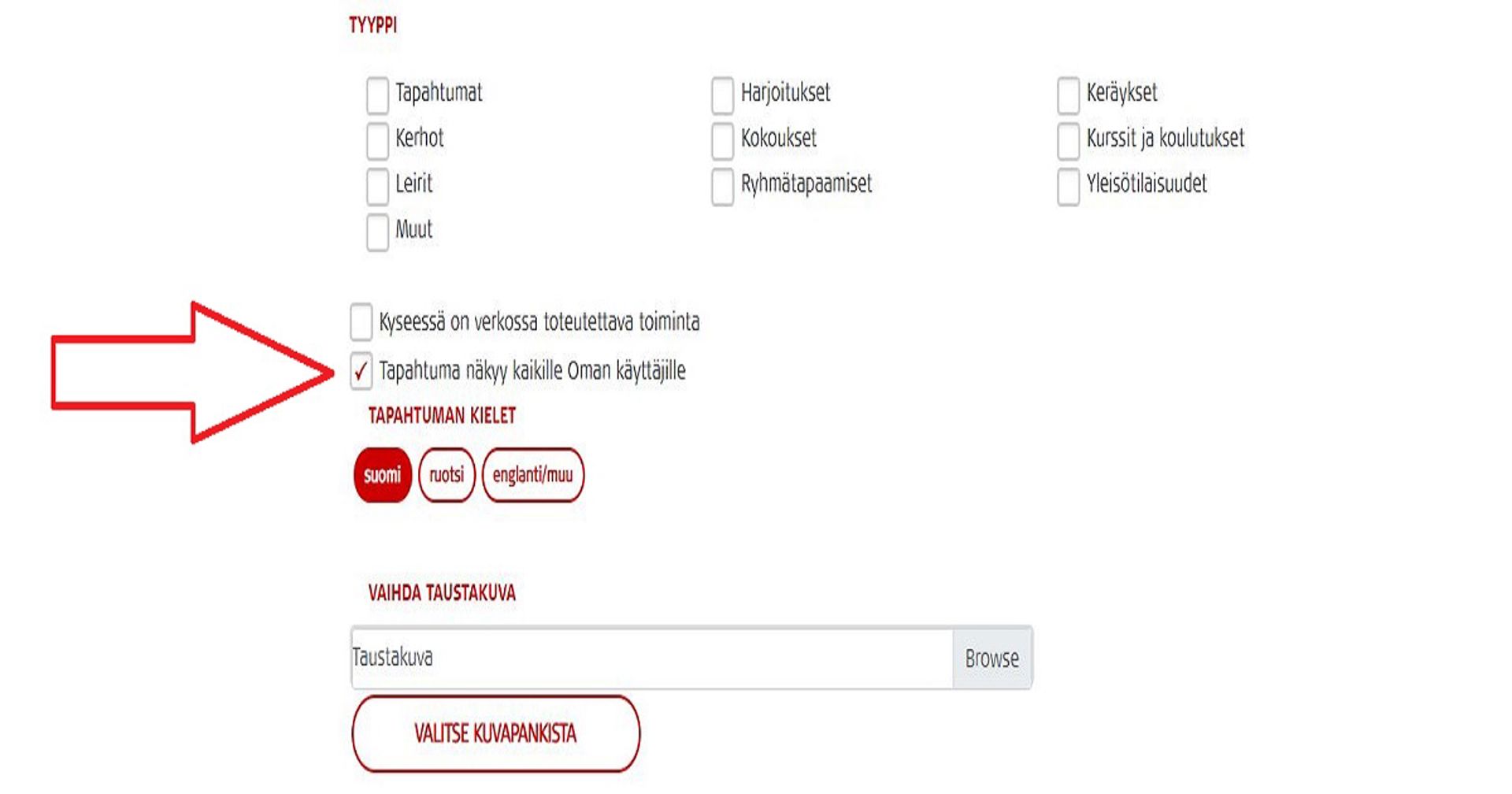 Kuvakaappaus Oma-järjestelmästä. Punainen nuoli osoittaa kohtaa, jonka rastittamalla tapahtuma näkyy kaikille Omaa käyttäville.