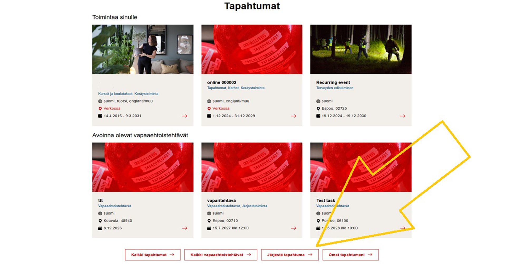Kuvakaappaus Oma-järjestelmästä. Nuoli osoittaa Järjestä tapahtuma -painiketta, jota tulee klikata, jos haluaa luoda tapahtumailmoituksen Omaan.