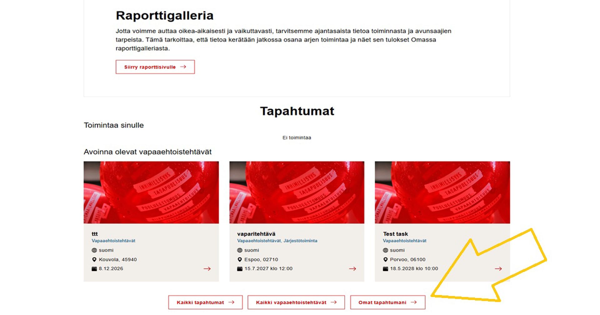 Kuvakaappaus Oma-järjestelmästä. Nuoli osoittaa Omat tapahtumani -kohtaan. Tätä klikkaamalla pääsee näkemään kaikki tapahtumat, joihin on ilmoittautunut.