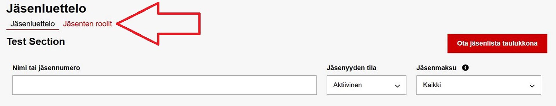 Kuvakaappaus Ossi-järjestelmästä. Punainen nuoli osoittaa Jäsenten roolit -välilehden painiketta.