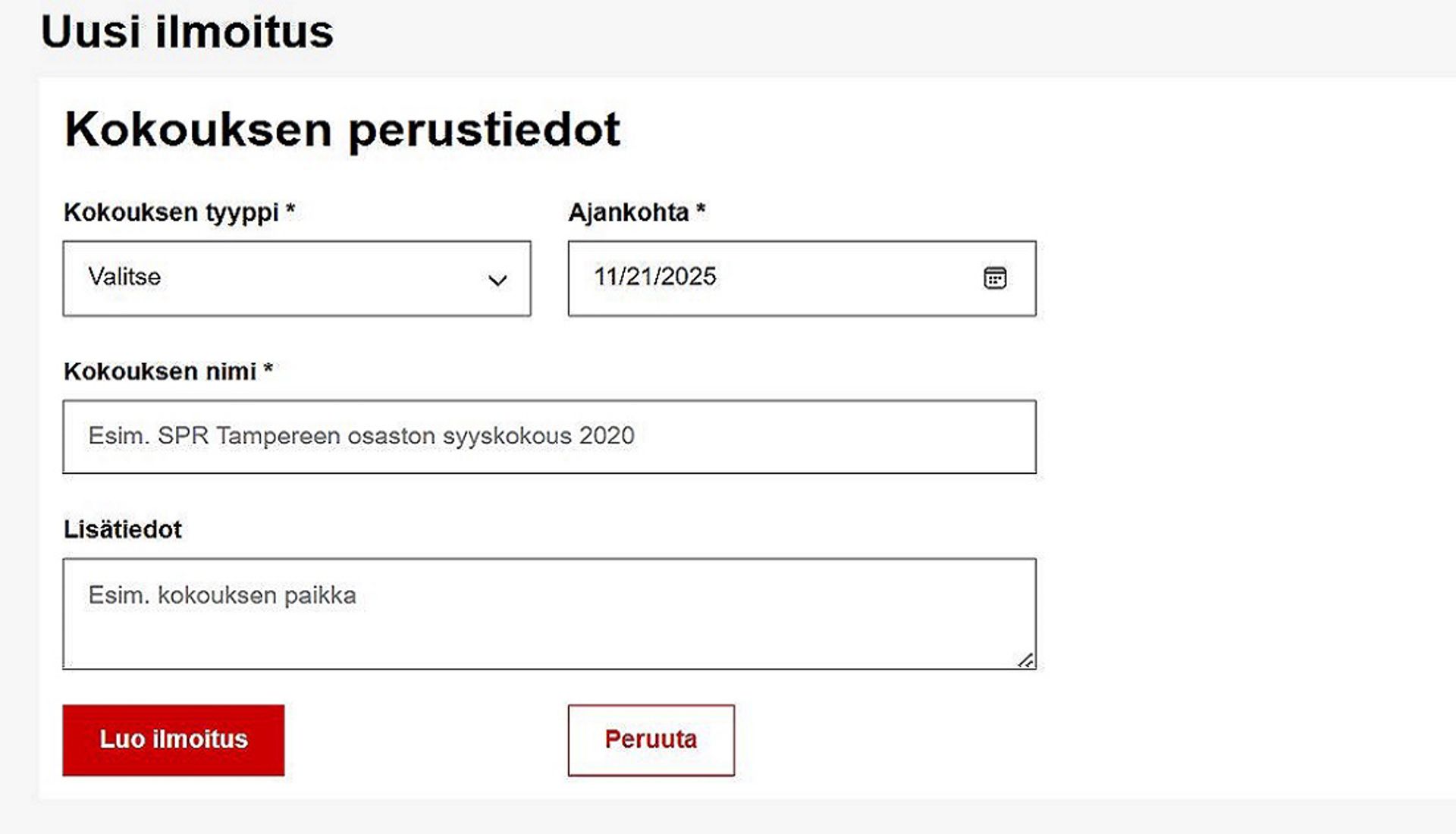 Kuvakaappaus Ossin näkymästä, kun haluaa tehdä ilmoituksen kokouksesta.