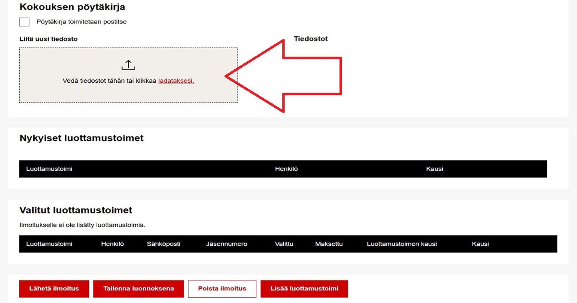 Kuvakaappaus Ossi-järjestelmästä. Punainen nuoli osoittaa kohtaa, johon liitetään kokouksen pöytäkirja.