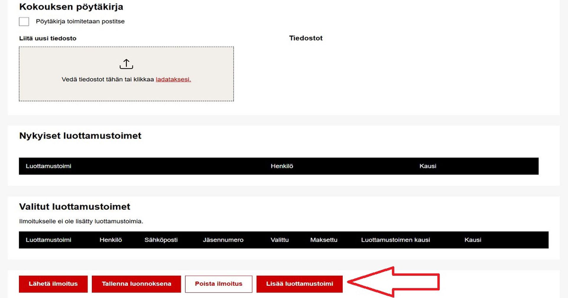 Kuvakaappaus Ossi-osastorekisterityökalusta, jossa näkyy Lisää luottamustoimi -painikkeen uusi sijainti.