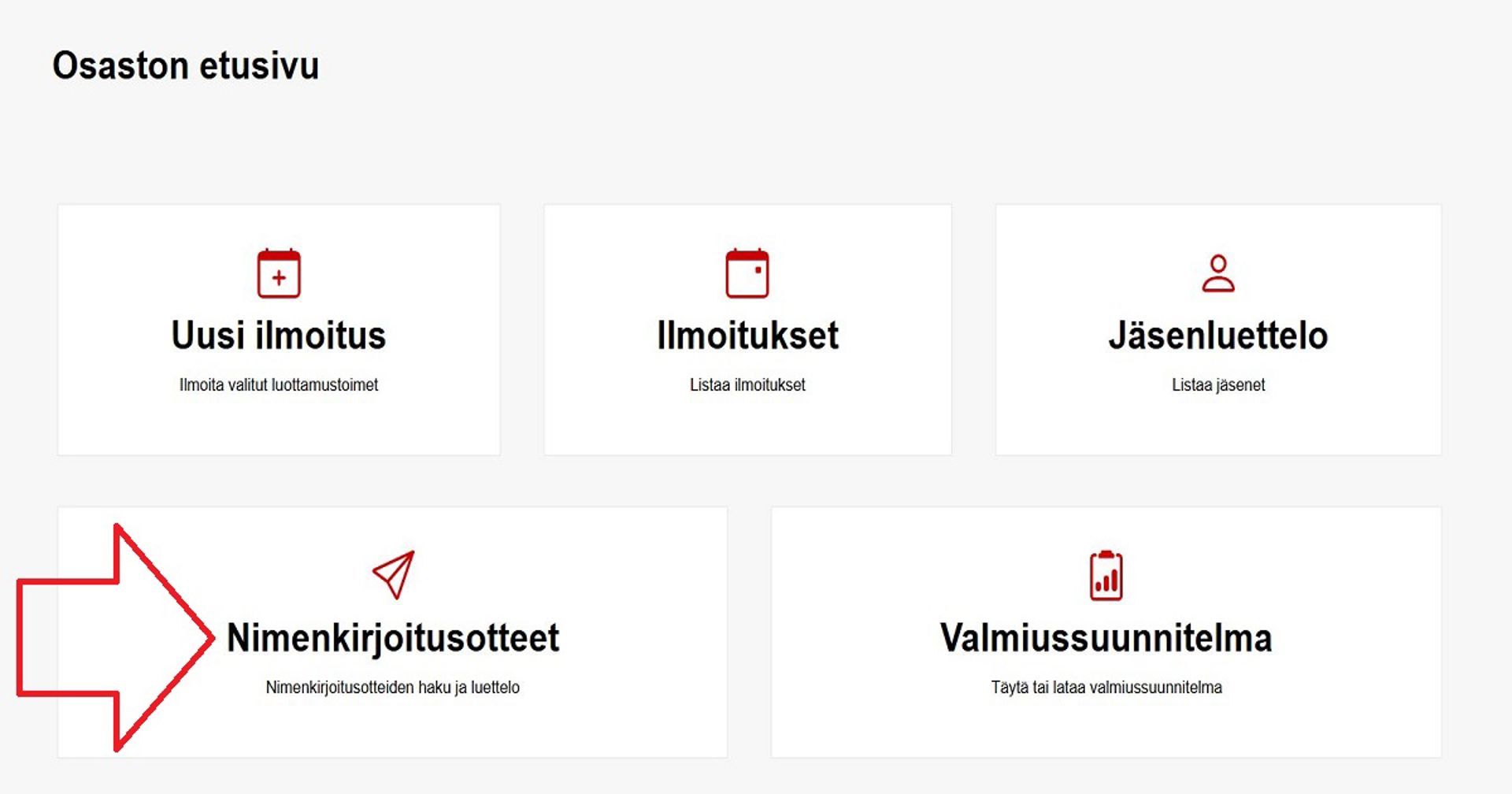 Kuvakaappaus Ossi-järjestelmästä. Punainen nuoli osoittaa Nimenkirjoitusotteet-painikkeeseen.
