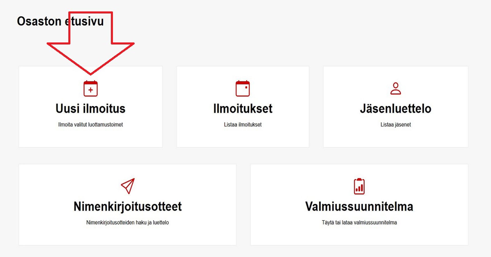 Kuvakaappaus Ossi-järjestelmästä. Punainen nuoli osoittaa Uusi ilmoitus -painikkeeseen.