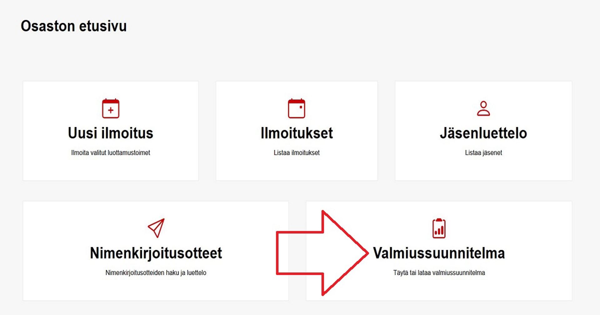 Kuvakaappaus Ossi-järjestelmästä. Punainen nuoli osoittaa Valmiussuunnitelma-painikkeeseen.