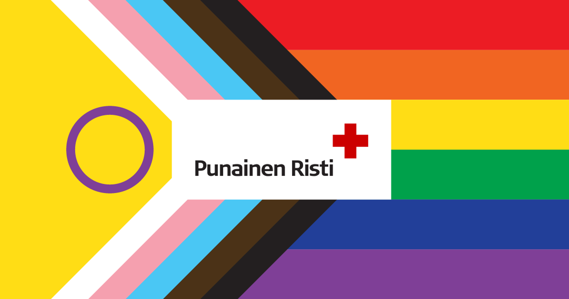 Pride-lippu, jonka keskellä Punaisen Ristin logo.