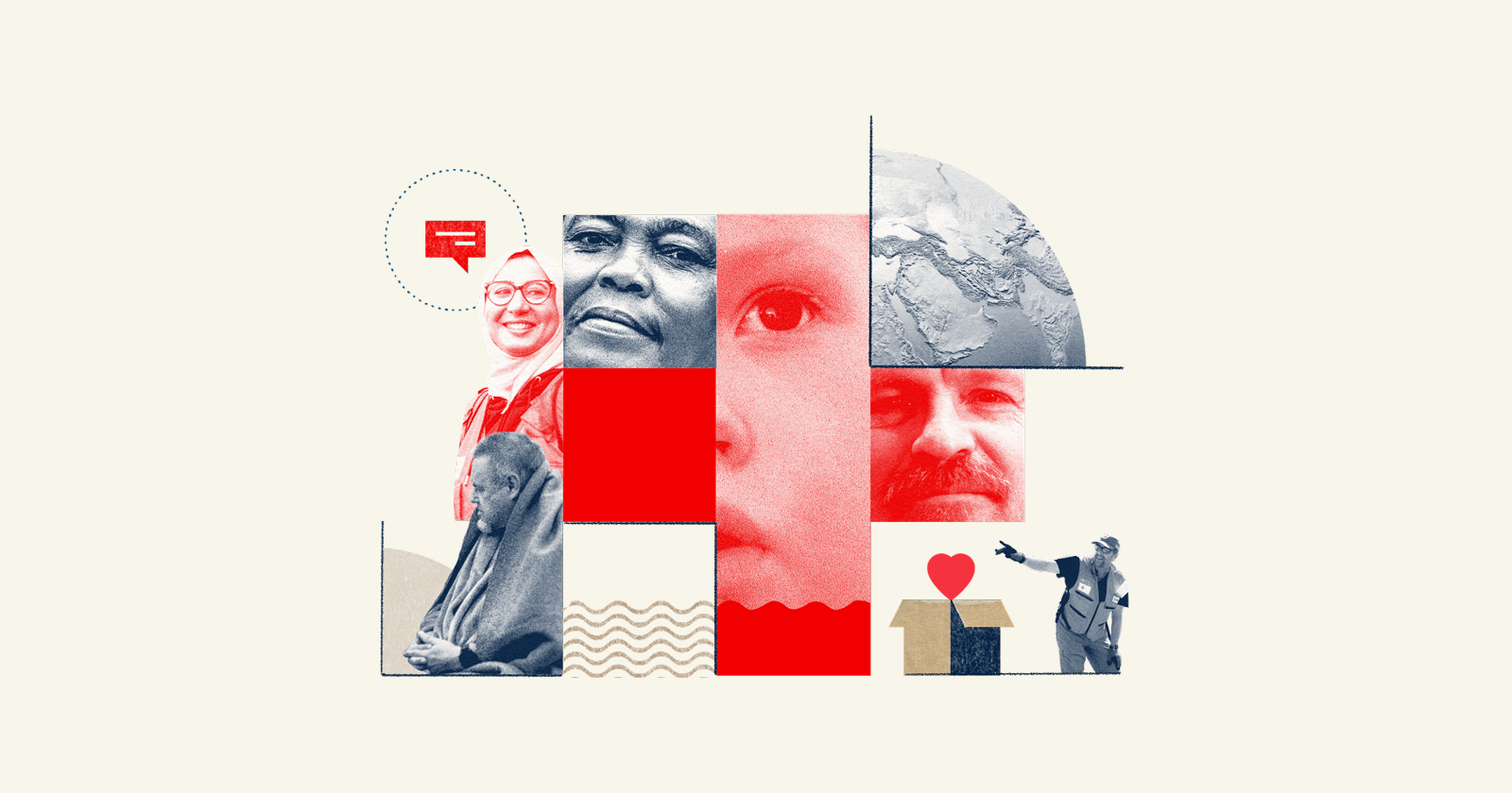 Suomen Punaisen Ristin vapaaehtoisia ulkona, yllään punaiset Punaisen Ristin liivit. 