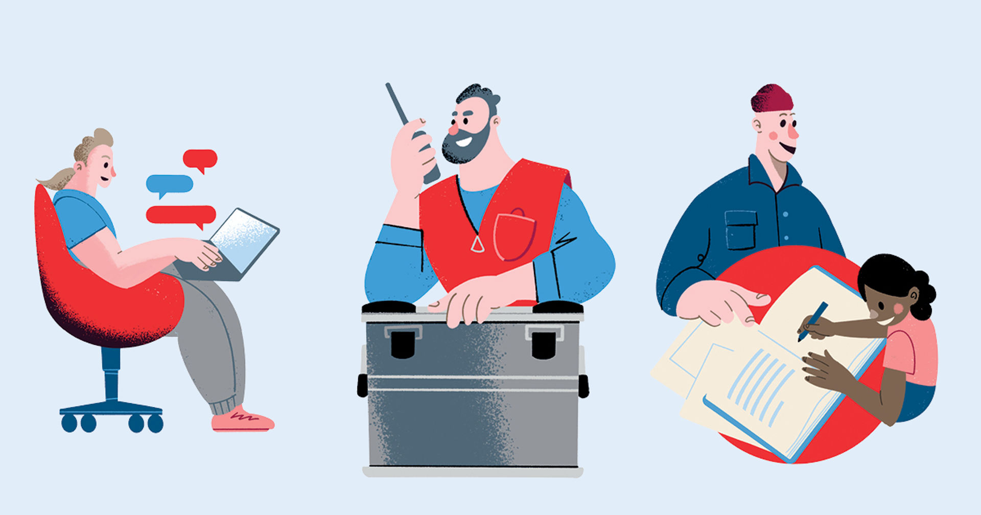 Suomen Punaisen Ristin vapaaehtoisia ulkona, yllään punaiset Punaisen Ristin liivit.