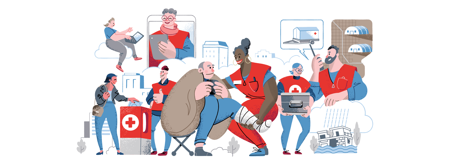 Kuvituskuva, jossa on kahdeksan Suomen Punaisen Ristin vapaaehtoista tekemässä vapaaehtoistyötä lipaskeräyksestä ensiaputoimintaan.