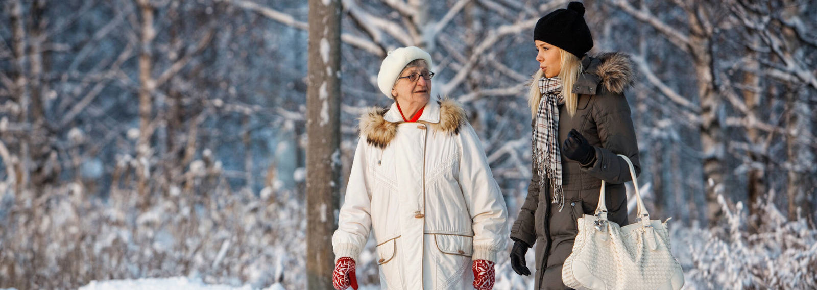 Kaksi henkilöä kävelevät lumisissa maisemissa.